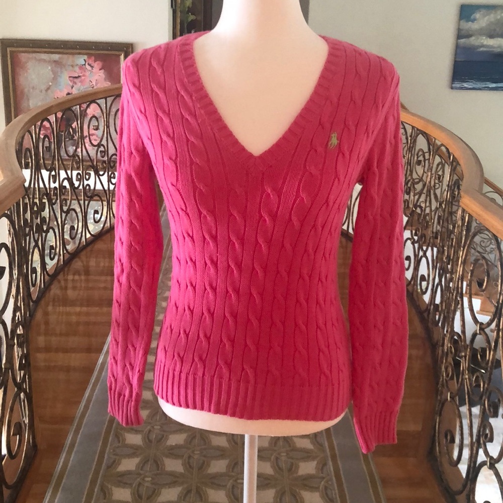 Vintage Ralph Lauren Pink Cable Knit V-Neck Sweater Sz M